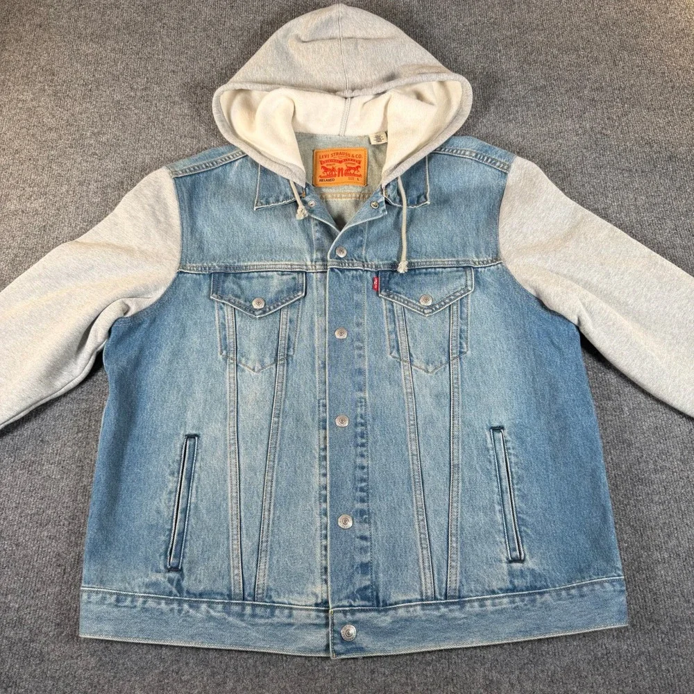 Levis Mens Relaxed Fit Hooded Denim Trucker Jacket Light Wash Gray L #3823
